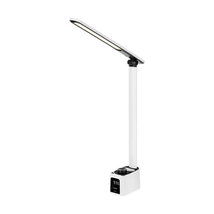 Lampa de birou cu ceas, 11 trepte intensitate, 5 trepte temperatura culoare, USB, 425x106x57mm