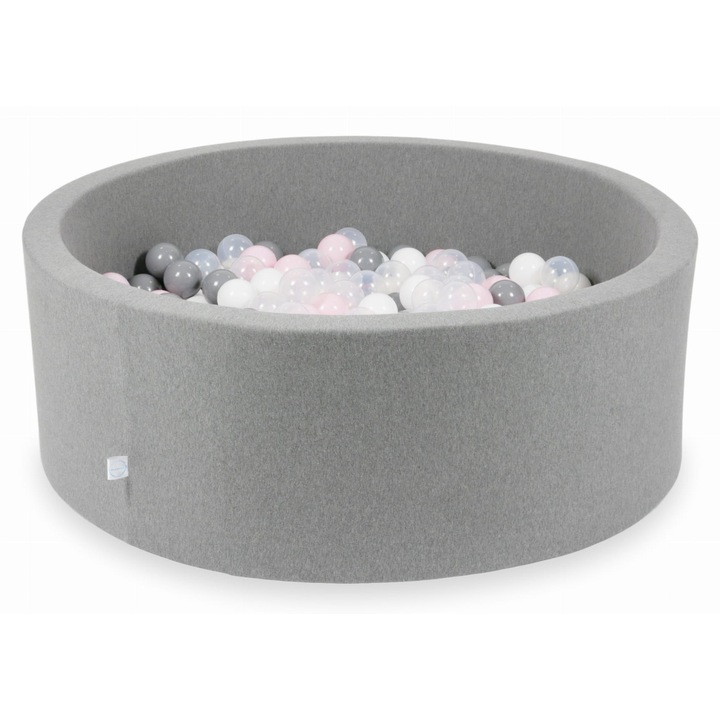 Bazin de joaca cu bile, mimii, gri, 110x40cm, set 500 bile transparente, albe, gri, roz deschis