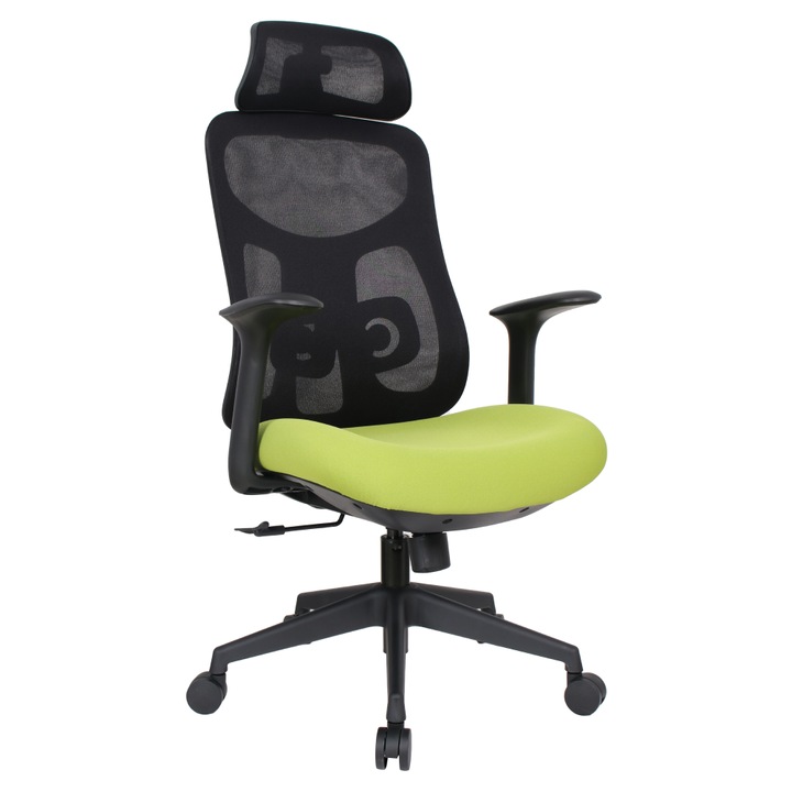 Scaun de birou, rotativ, suport lombar, inaltime reglabila, mecanism de balansare, culoare negru-verde, plastic, plasa, sezut moale, 64x64x118-126 cm