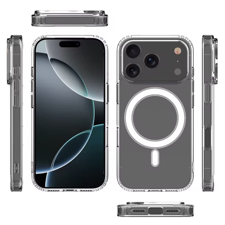 Husa Pentru iPhone 17 Pro Transparenta cu MagSafe, Air Cushion Antishock, Protectie Camere, Compatibila Incarcare Wireless, Clear Case