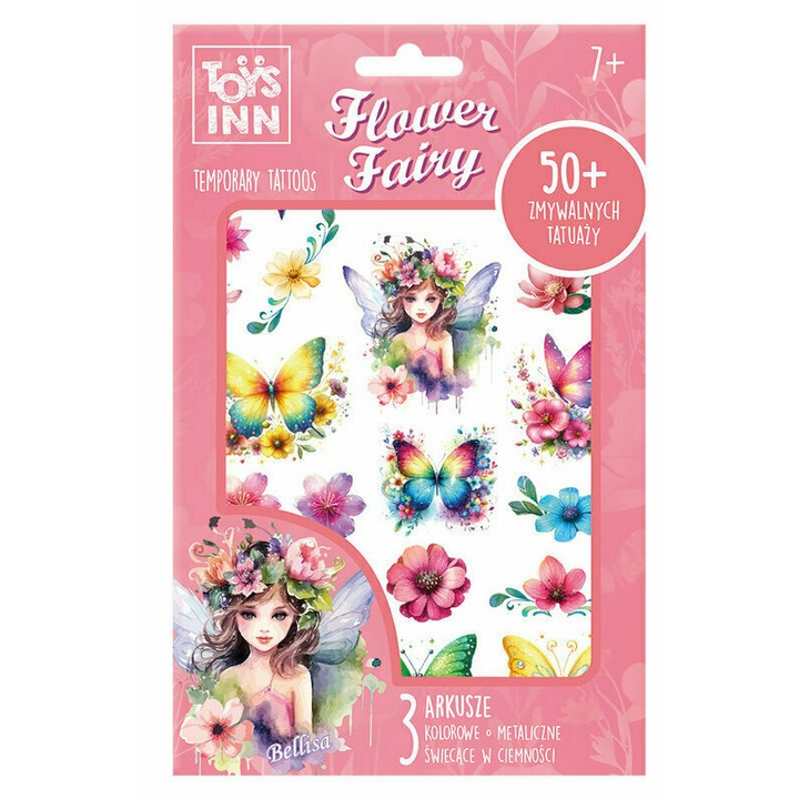 Set tatuaje temporare Flower Fairy, 14,5x23cm, colorate, metalice, stralucitoare in intuneric