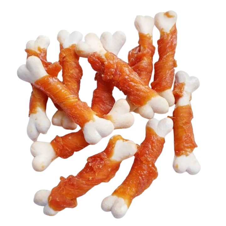 Recompense pentru caini, os de calciu infasurat in carne de pui, 500 grame