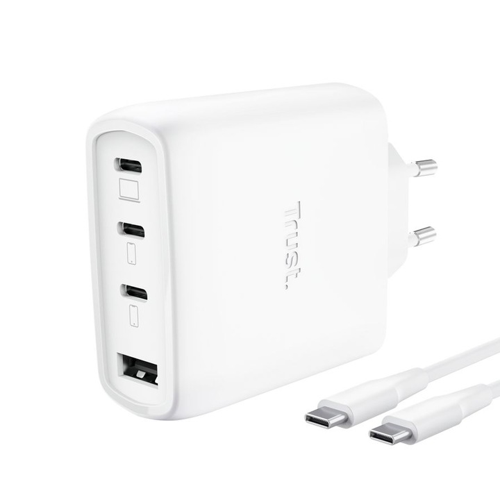 Trust 65W 4-portos USB töltő, fehér, 5V-20V, QC, PD