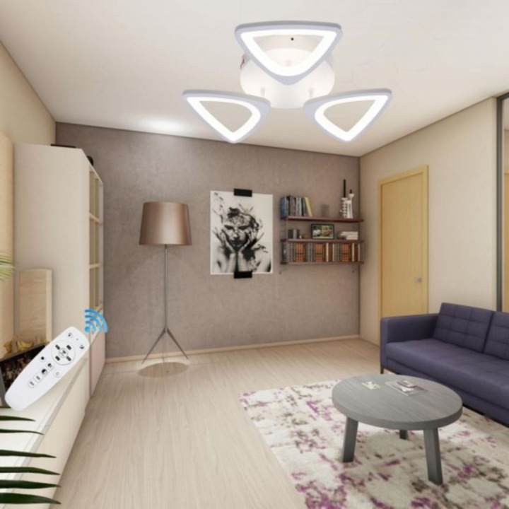 Plafonieră LED dimabilă 50W cu 3 brațe, alb, 450x85mm, 3 culori