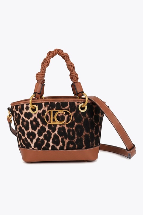 Lola Casademunt, Geanta din piele ecologica si material textil cu maner si model animal print, Maro