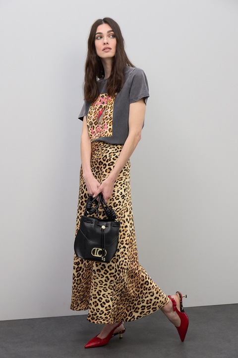 Lola Casademunt, Fusta din satin cu model animal print, Negru/Maro nisip