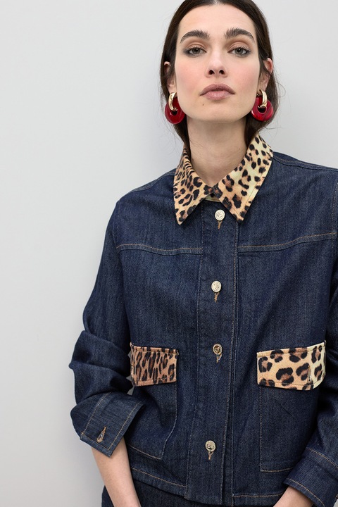 Lola Casademunt, Jacheta din denim cu detalii cu model animal print, Maro/Albastru ultramarin