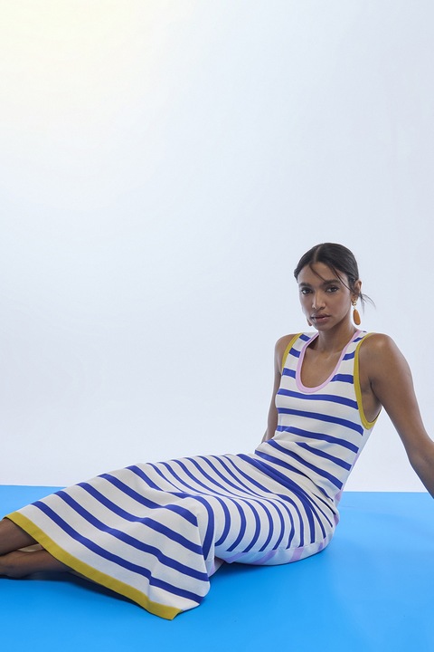 Lola Casademunt, Rochie maxi cu model in dungi, Alb/Roz/Albastru