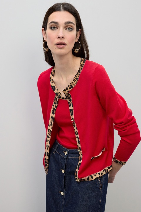Lola Casademunt, Cardigan din amestec de modal cu detalii cu model animal print, Rosu/Maro