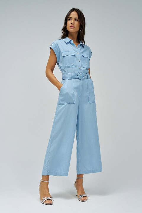 Salsa Jeans, Salopeta crop din material chambray, Albastru lavanda