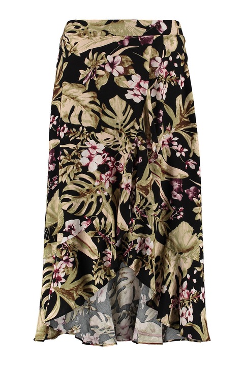 Hailys, Fusta petrecuta cu model tropical, Negru/Roz zmeuriu/Verde sparanghel
