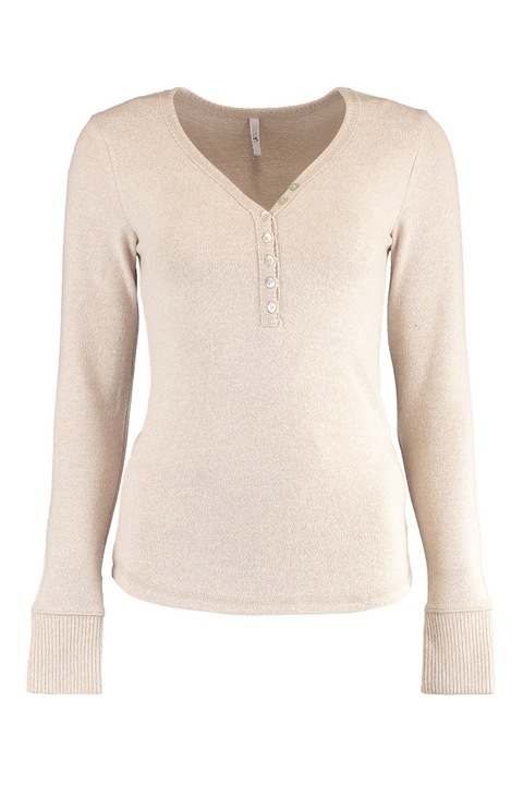 Hailys, Bluza cu decolteu in V si fenta scurta cu nasturi, Maro camel