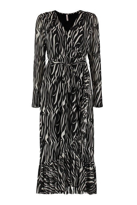 Hailys, Rochie cu model, decolteu in V si cordon, Negru/Alb murdar