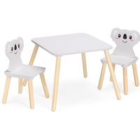 Set masa cu 2 scaune pentru copii Navaris, din lemn de pin si MDF, model koala, 50 x 50 x 38 cm, pentru joaca, desen sau luat masa, Gri