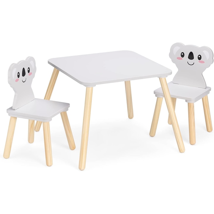 Set masa cu 2 scaune pentru copii Navaris, din lemn de pin si MDF, model koala, 50 x 50 x 38 cm, pentru joaca, desen sau luat masa, Gri