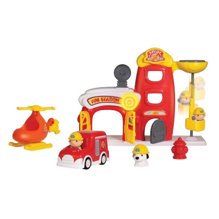 Tűzoltócsapat játékszett, 7 darabos, állomással, tűzoltóautóval, helikopterrel, mentőkutyával, többszínű, 12m+