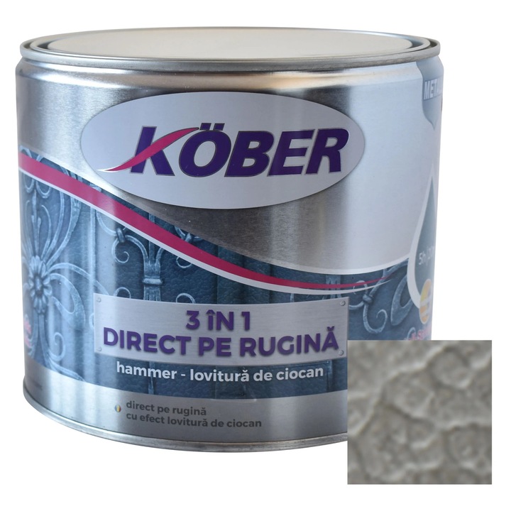 Kober Hammer 3 az 1-ben alkid festék fémre, közvetlenül rozsdára, kalapácslakk hatás, beltéri / kültéri, ezüst E81180, 2,5 L