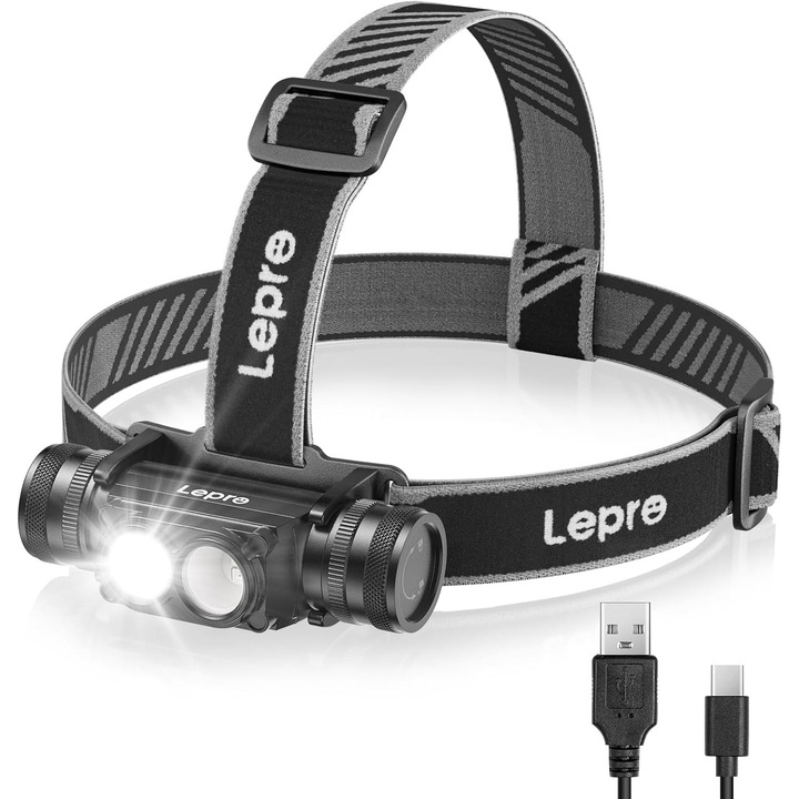 Акумулаторен челник Lepro 1000 лумена, супер ярък подвижен LED, IP65 водо- и прахоустойчив, 6 режима на осветление с бяла и червена светлина, дълга автономност до 10 часа, включен USB-C, челник и ръчен фенер 2 в 1