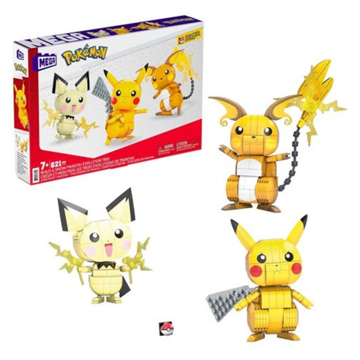 Комплект за конструиране MEGA CONSTRUX Pikachu Trio, 3 героя, многоцветен, 621 елемента