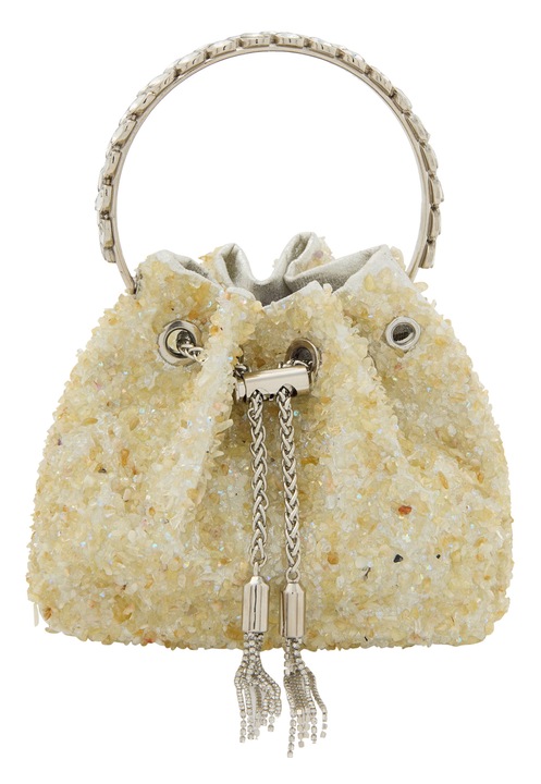 Geanta tip bucket, Joella, bej, 100% PU, dimensiune unica, cu lant si franjuri