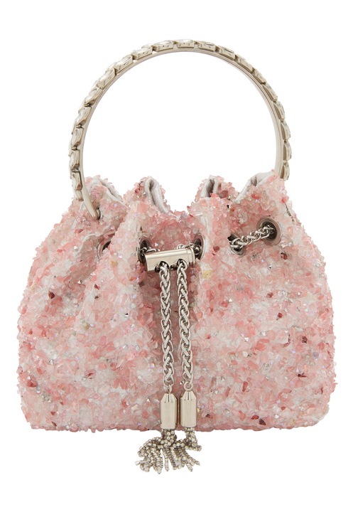 Geanta bucket dama, Joella, roz, 100% PU, dimensiune unica, cu lant si franjuri
