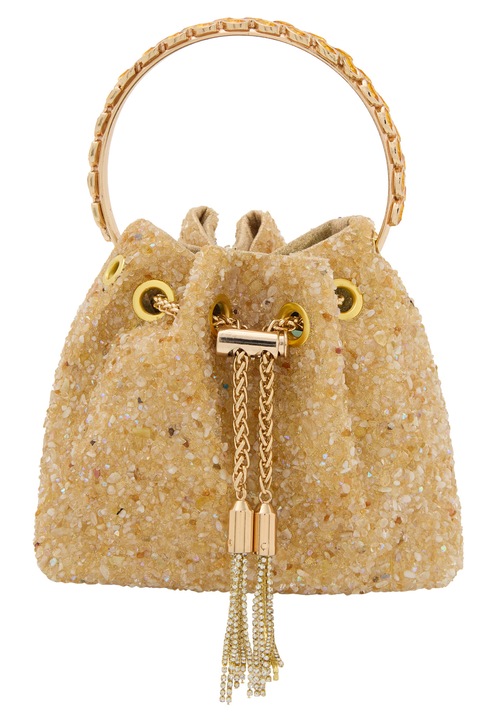Geanta de dama Joella, model tip wiadro, culoare aurie, dimensiune unica, cu detalii texturate si manere din lant.