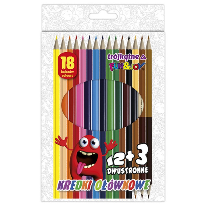Set 12 creioane colorate OLO, 3 dwustronne, 18 culori, corp triunghiular, rezistent la rupere
