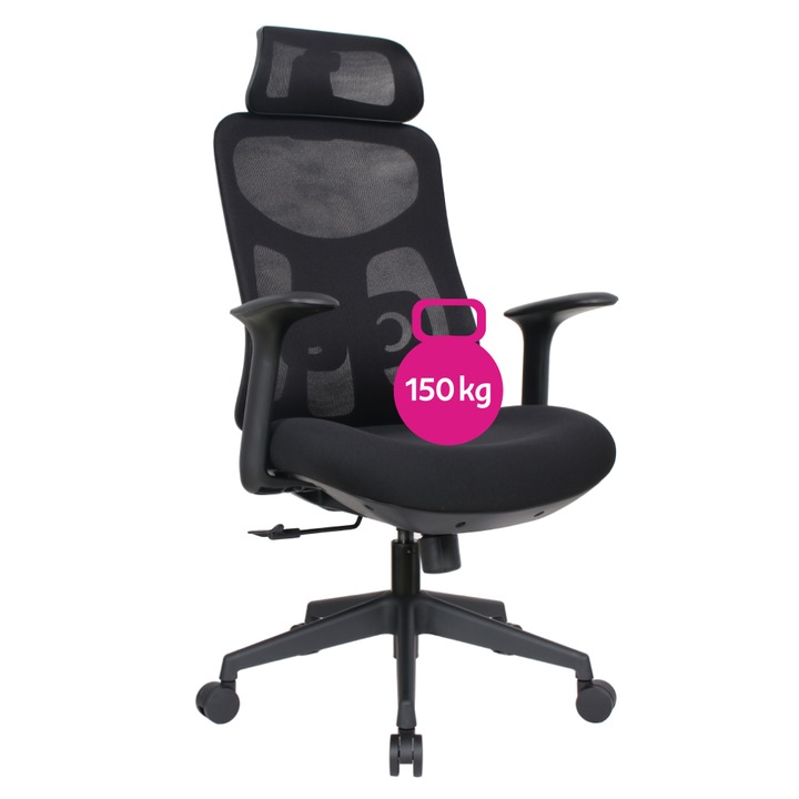 Scaun de birou, negru, inaltime si tetiera ajustabile, mecanism de balans, ergonomic, 64x64x118-126 cm