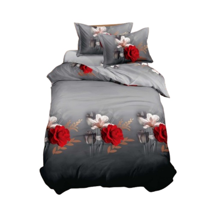 Ágynemű, 3D, 4 részes, gumis nélküli, 1 személyes 155x200 cm, fehér és piros virágmintás