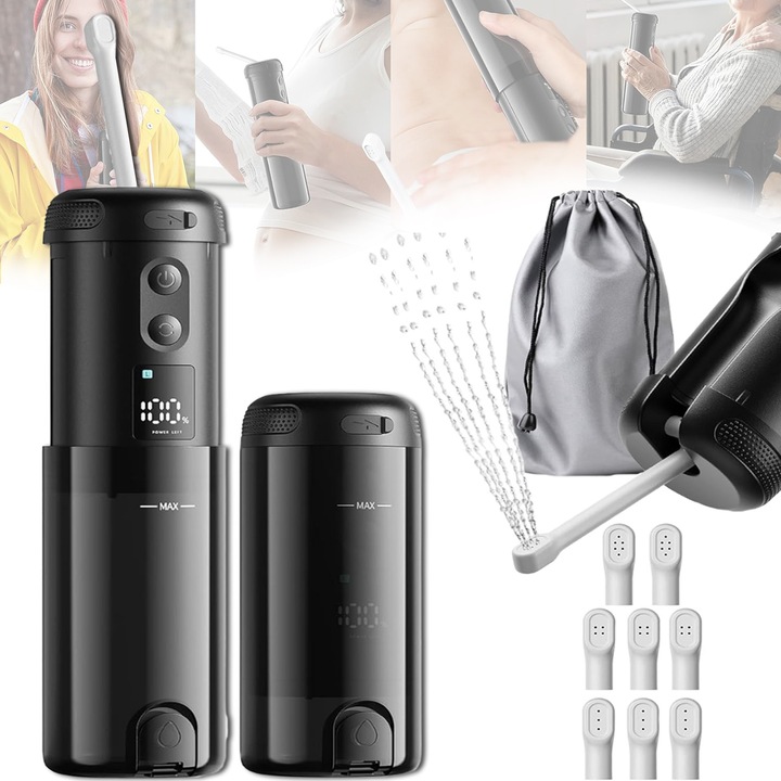 Преносимо биде, Bedee®, 250ml, 5 регулируеми режима на налягане, 2000mAh, 8 вида специализирани дюзи, IP67, с калъф за съхранение, за следродилна грижа, постоперативна хигиена и грижа за възрастни хора