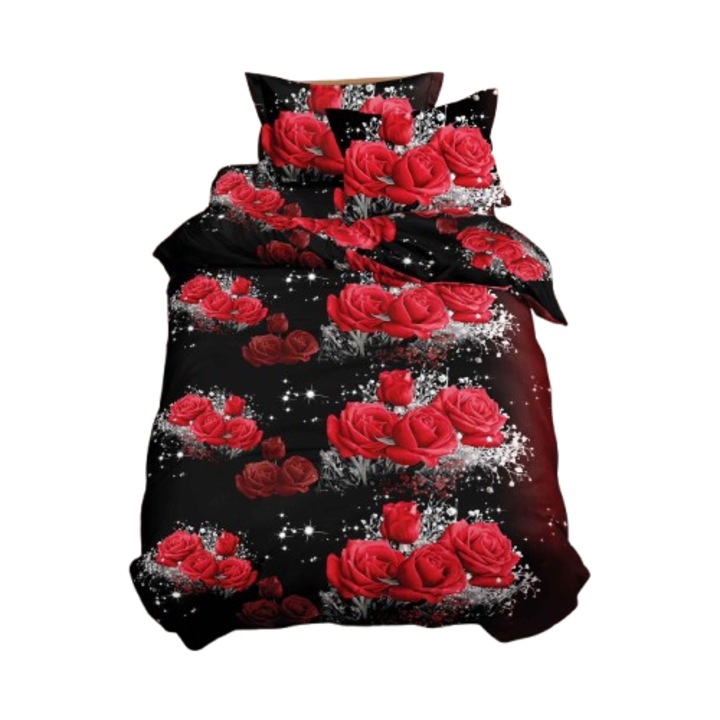 Lenjerie, 3D, 4 piese, fara elastic, 1 persoane 155x200 cm, imprimeu o multime de trandafiri