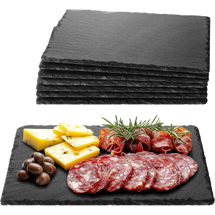 Set 8 platouri Navaris, din ardezie, 30x20 cm, pentru servire, dreptunghiulare, Negru