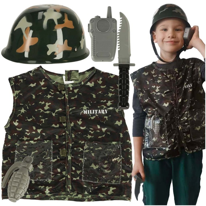 Costum carnaval copil, soldat, 3-8 ani, vesta camuflaj, casca