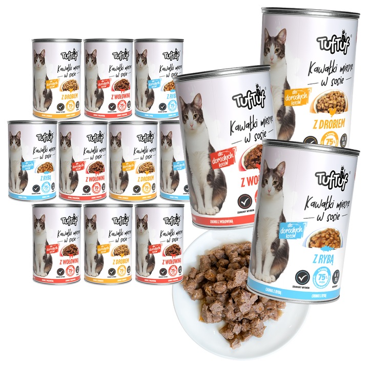 Храна за котки, TufTuf, комплект 12x415g, микс от аромати, птиче месо, говеждо месо, риба