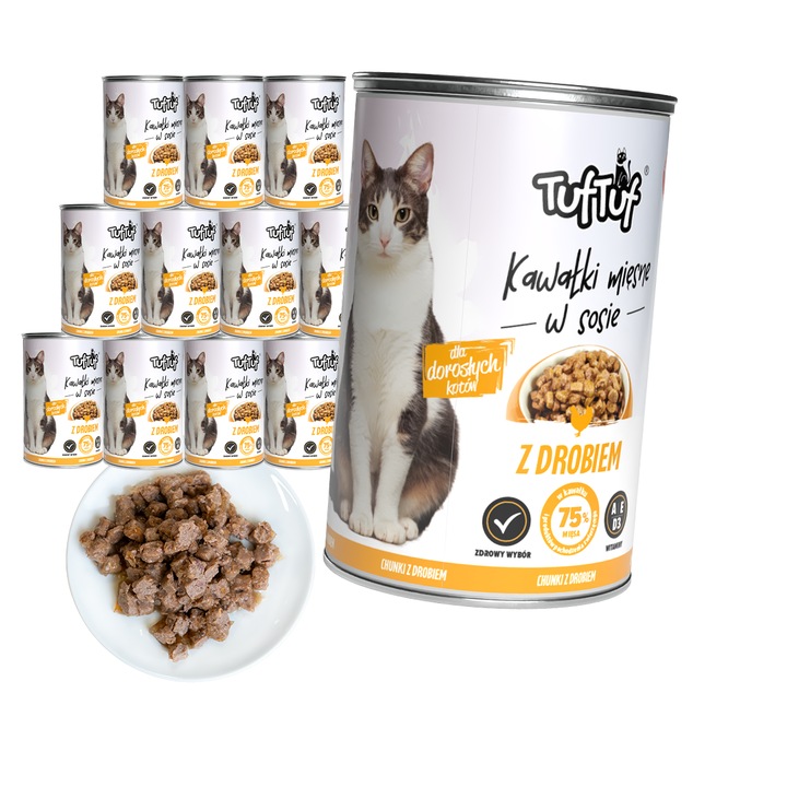 Храна за котки, TufTuf, комплект 12x415g, парчета птиче месо, деликатен сос