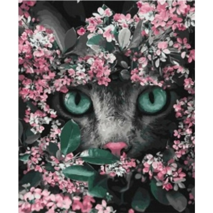 Mozaic cu diamante, model pisica cu flori