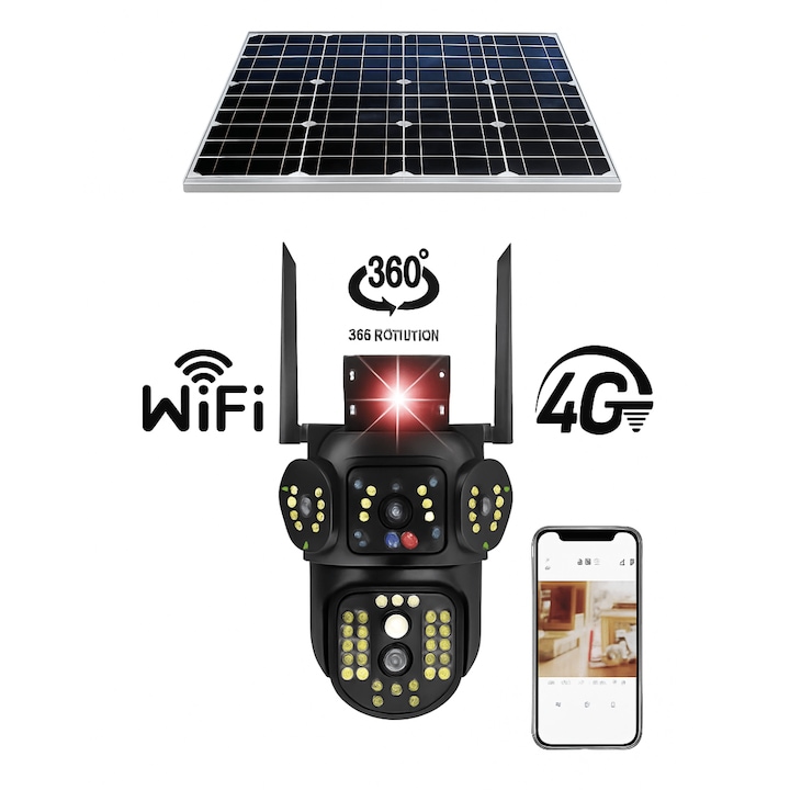 4G SIM kártyás napelemes biztonsági kamera, Wifi, 10X zoom, 3 képernyő, 4K felbontás, Ember érzékelés, Automatikus követés, IP66