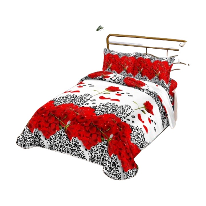 Ágynemű, 3D, 4 részes, gumis nélküli, 1 személyes 155x200 cm, fehér/piros rózsa mintás