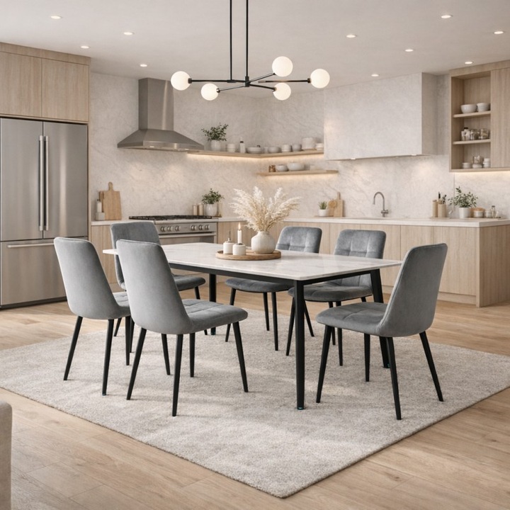 Set masa living Lineo FDT1, blat ceramica, 140x80x75 cm, alb/gri si 6 scaune Rizea FDC4, catifea, gri