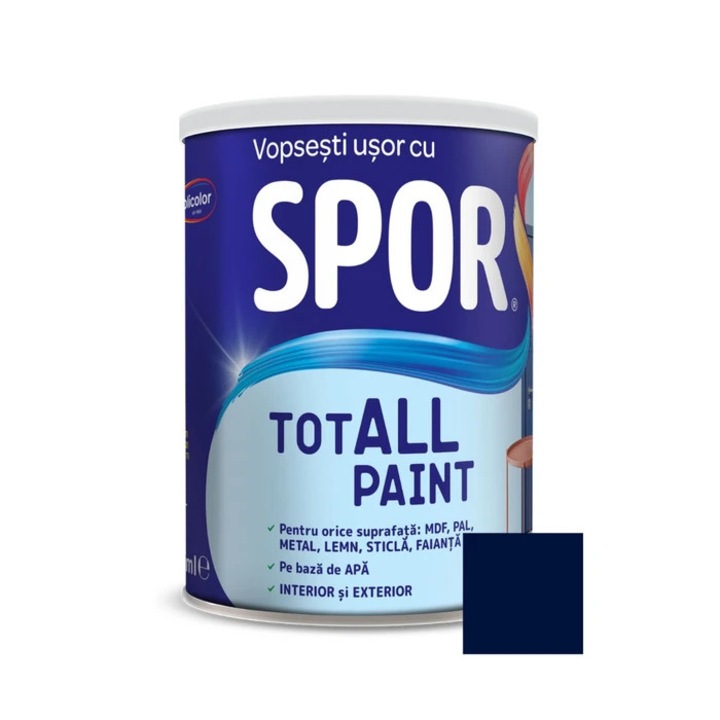 Vopsea pentru lemn / metal / sticla, Spor Totall Paint, pe baza de apa, interior / exterior, atlantic / albastru inchis, 0.6 L