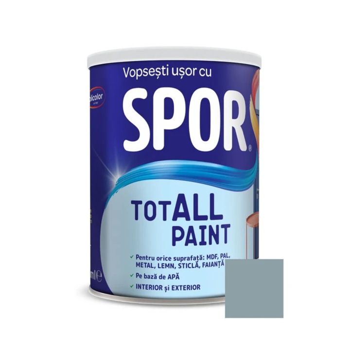 Festék fa / fém / üveg felületekre, Spor Totall Paint, vízbázisú, beltéri / kültéri, nordikus / közepes szürke, 0.6 L