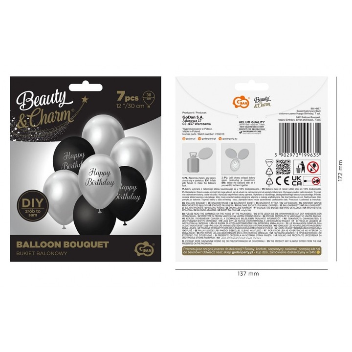 Dekorációs léggömbök, Beauty&Charm, 7 darabos készlet, 30 cm, ezüst-fekete