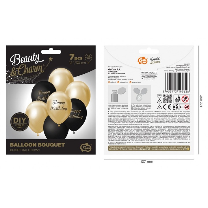 Dekorációs léggömbök, 7 darabos készlet, Beauty&Charm, arany/fekete, 30cm