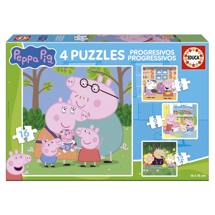 Puzzle progresiv, Educa, Peppa Pig, set 4 in 1, 6-9-12-16 piese, 16x16cm