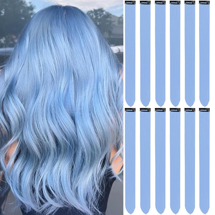 Extensii de par colorate 12 buc, 22 inch Baby Blue clip-in extensii de par pentru petreceri, suvite sintetice albastru deschis pentru fete, femei, copii, cadou Haze Blue