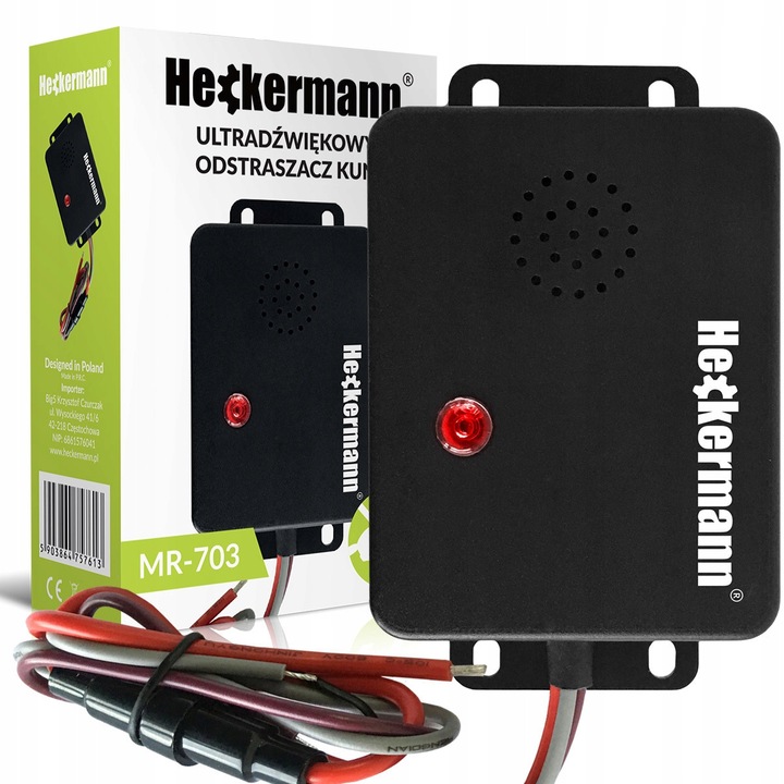 Heckermann MR-703 ultrahangos rágcsálóriasztó, akár 40 m² lefedettség, 12V tápellátás, 360°-os sugárzás, fekete, 1 db