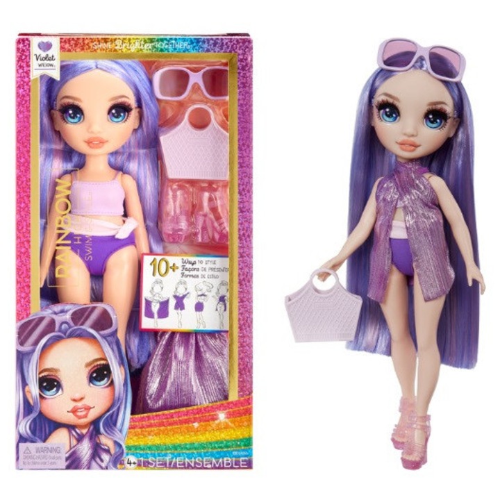 Papusa Rainbow High Swim and Style Violet Purple, costum de baie, accesorii, mov, set