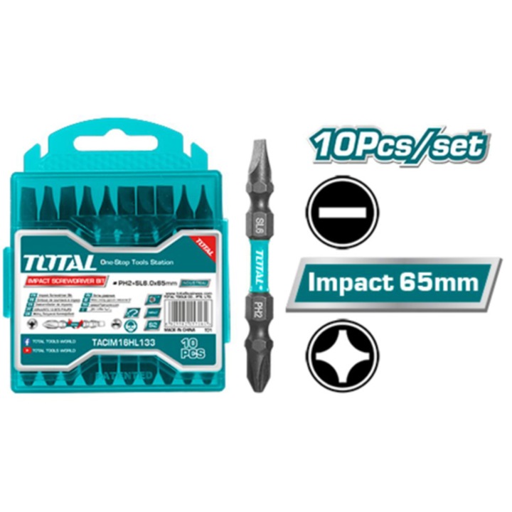 TOTAL Set biti industrial, Impact, PH2 + SL6/1 x 65 mm, 10 buc
