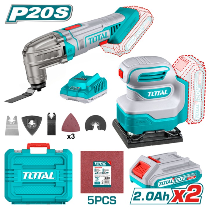 Kit combo fara fir, unealta multifunctionala si slefuitor cu foi TOTAL INDUSTRIAL, 20 V, 2 x 2.0 Ah