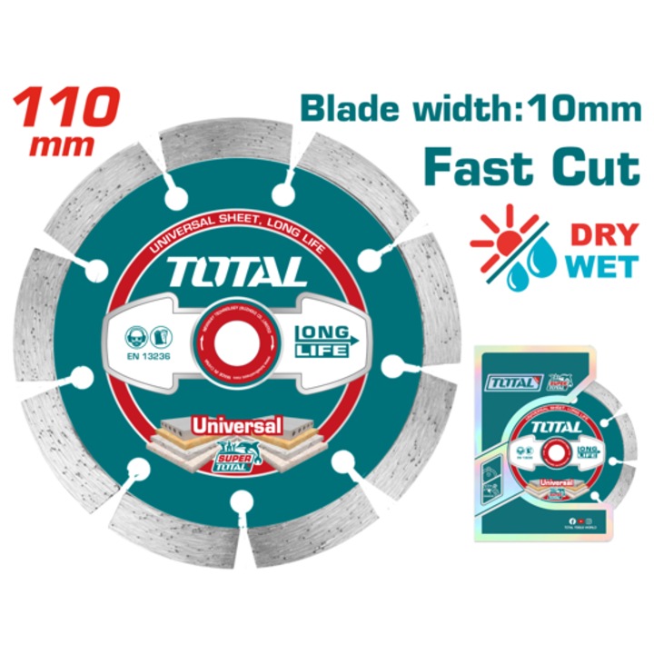 Disc diamantat pentru taiere uscata/umeda TOTAL, universal, Ø 110 x 20 x 10 mm